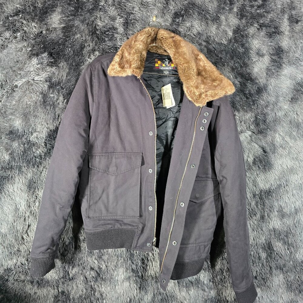 GUESS Fur Collar Bomber Jacket Mens XL Quilted Lined Black